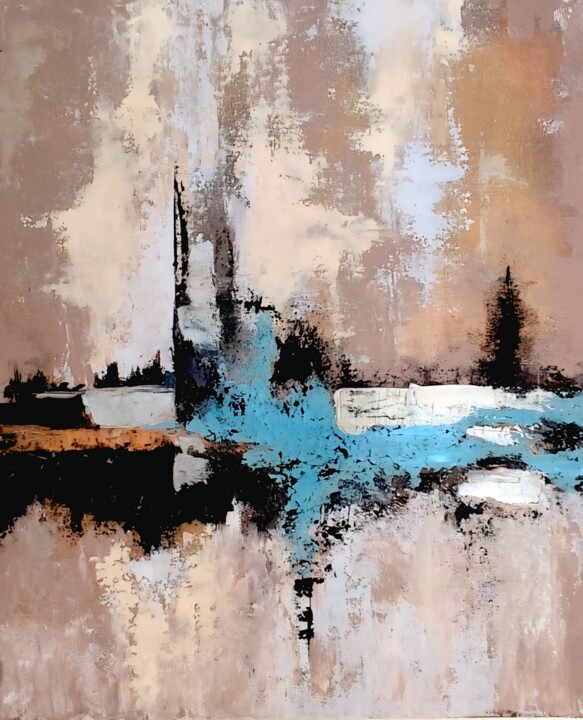 Painting titled "City by the sea" by Irina Moiseeva, Original Artwork, Acrylic Mounted on Wood Stretcher frame