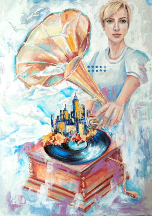 Painting titled "The music of the ol…" by Veronika Chernyshkova, Original Artwork, Oil Mounted on Wood Stretcher frame