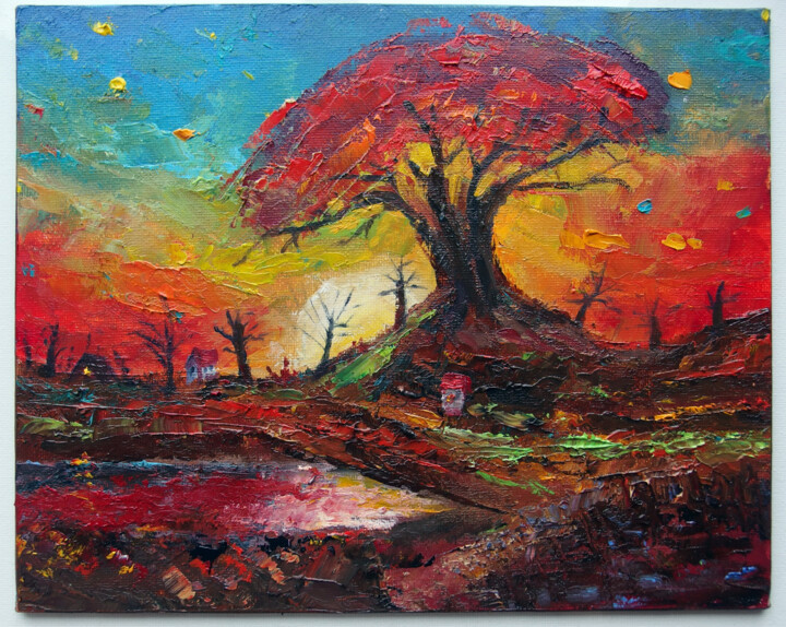 Great Oak Fantasy Huge Tree Bold Colors Surreal Art Tablo, 7,9x9,8 in