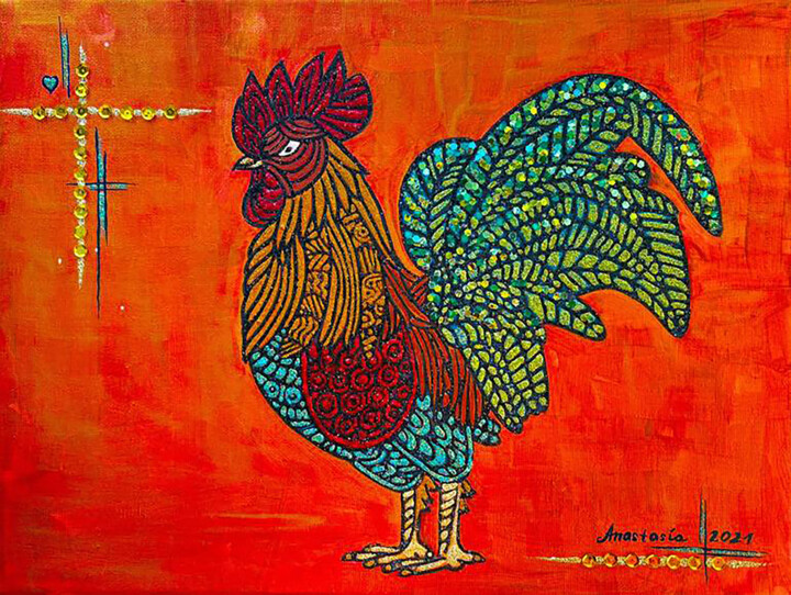 Vibrant Acrylic Painting of Chinese Zodiac Rooster - African 绘画, 11.8x15.8 in