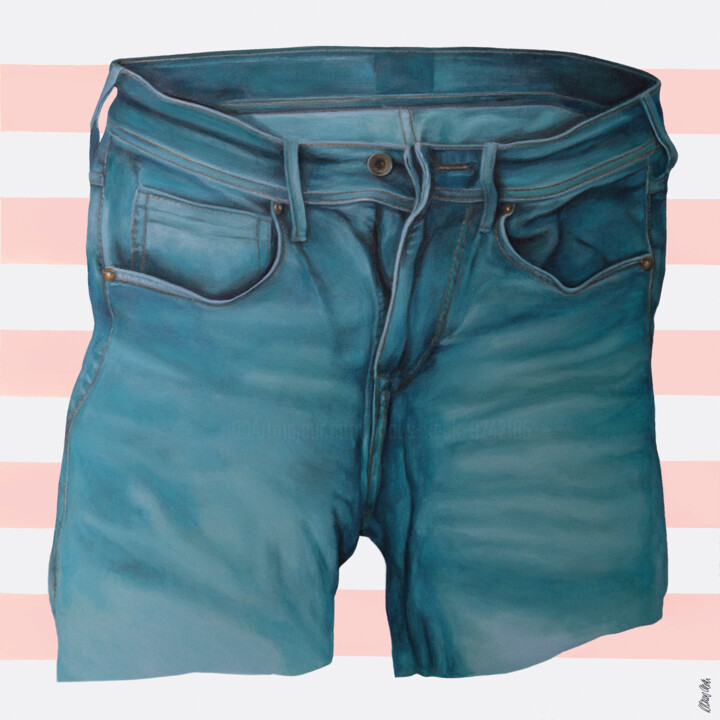 Schilderij getiteld "Jeans 2" door Klaus Keck, Origineel Kunstwerk, Olie Gemonteerd op Frame voor houten brancard