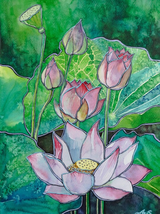 绘画 标题为“Lotus Serenity” 由Ariadna Shmidt (AriS), 原创艺术品, 水彩