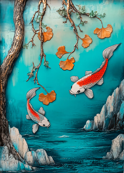 Koi fish flying in the air 数字艺术