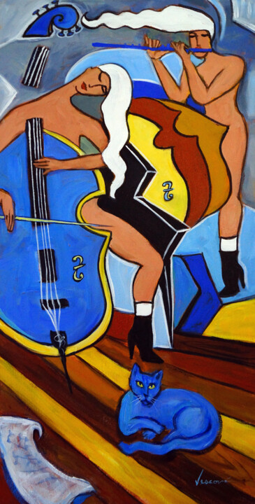 Musicians with Blue Cat Schilderij, 35x18 in