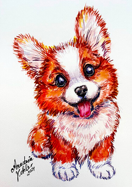 Adorable Corgi Puppy Illustration - Vibrant Marker Style 绘画, 11.7x8.3 in