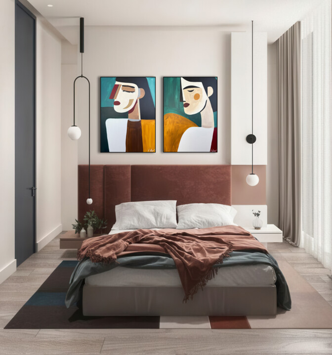 She's for him. Diptych. Abstract portrait of a man & a woman 绘画, 27.6x39.4 in