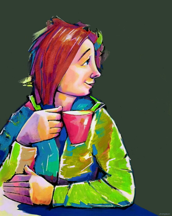 Coffee Break. Girl with a red cup 绘画, 39.4x31.5 in