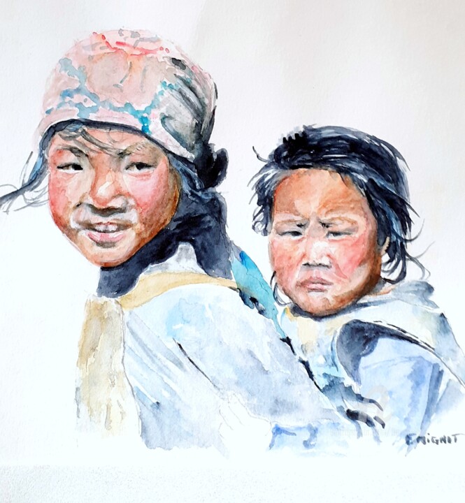 Enfants du Népal 2 绘画, 5.8x6.1 in