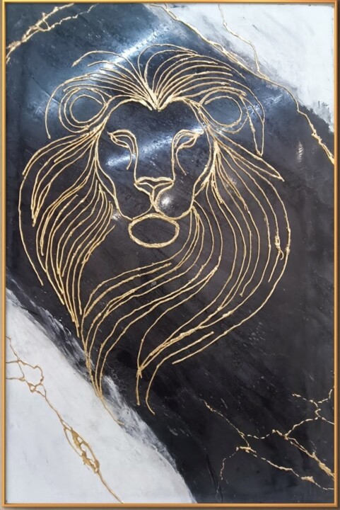 Lion Doré en Relief Minéral – Entre Force et Élégance 雕塑, 39.4x27.6 in