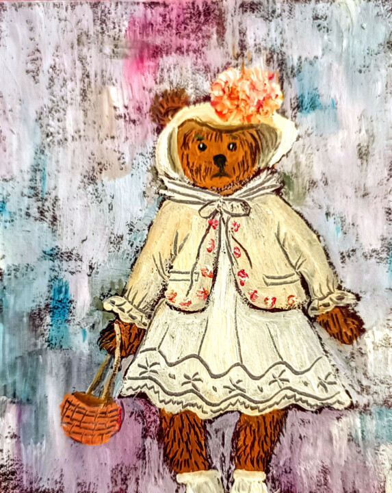 "Teddy in Paris – Vintage Oil Miniature" 绘画, 4.7x3.9 in