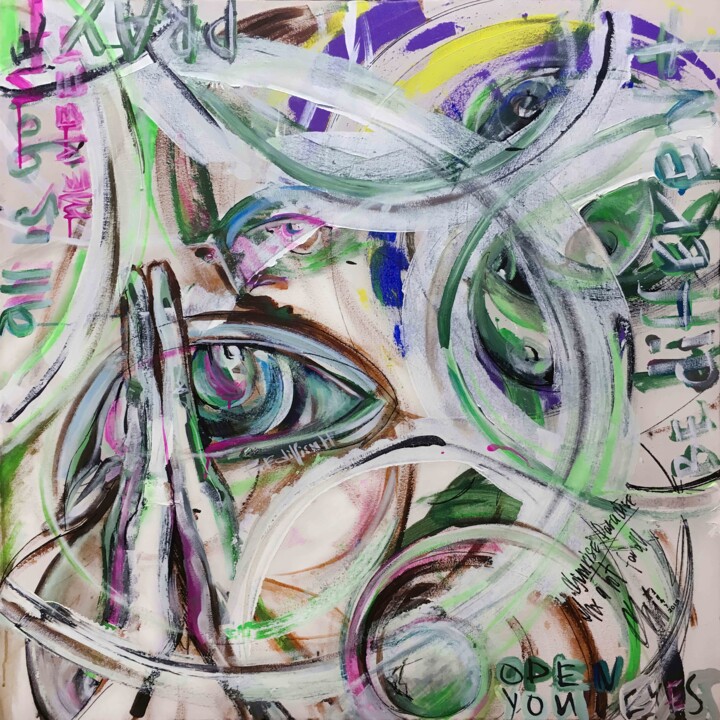 PORTAL 2 Eye Blue Green Beige Abstract Sacred Geometry 印花与版画, 39.4x39.4 in