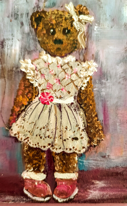 Lucky Teddy – Vintage Oil painting Miniature 绘画, 3.9x4.7 in