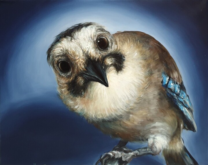 Curious Blue Jay – Expressive Bird Portrait 绘画, 15.8x19.7 in