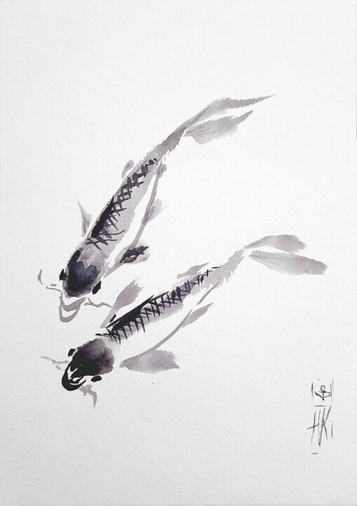 "Dance of Koi" – Minimalist Japanese Sumi-e Painting 绘画, 8.3x5.9 in