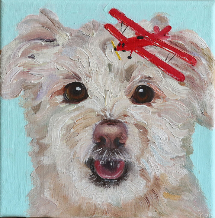 Painting titled "puppy with toy airp…" by Ying Zhang, Original Artwork, Oil Mounted on Wood Stretcher frame