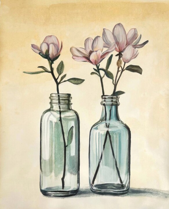The fragile harmony of nature, Magnolias in glass vases. Tablo, 19,3x15 in