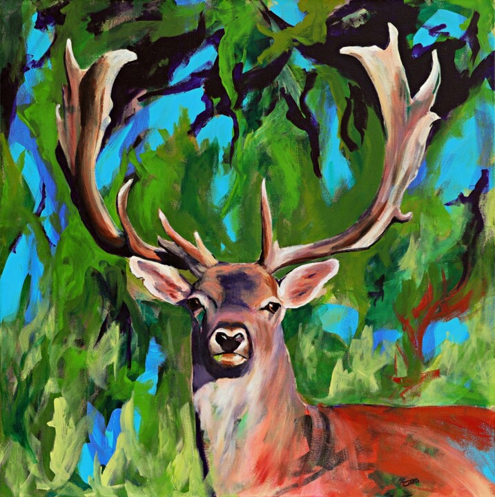 Hirsch in abstrakter Landschaft 绘画, 31.5x31.5 in