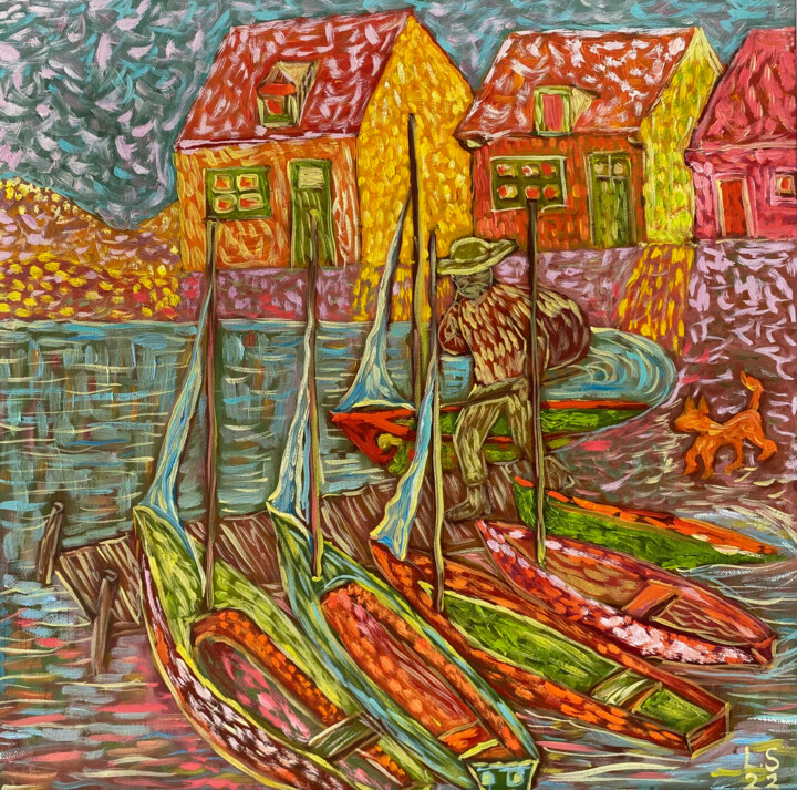 Boats on the sea shore 绘画, 19.7x19.7 in
