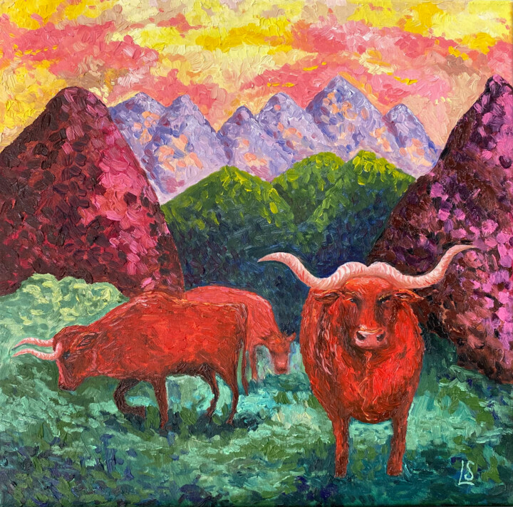 Red bulls in the mountains 绘画, 19.7x19.7 in