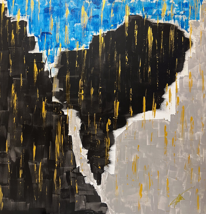 Painting titled "Rocks, Sky and drop…" by Maksim Gorshkov, Original Artwork, Acrylic Mounted on Wood Stretcher frame