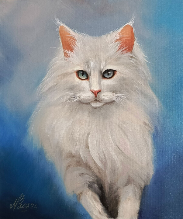 Portrait de chat Blanc 绘画, 11.8x9.8 in