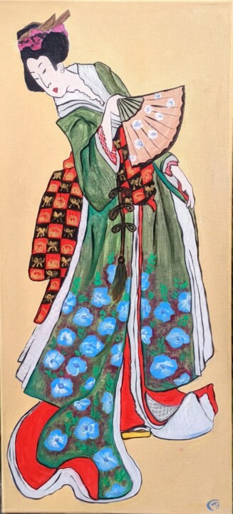 Geisha with a Fan 绘画, 27.6x11.8 in