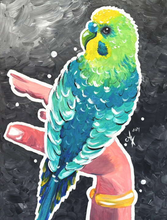 Hand-Painted Acrylic Parakeet Art | Glitter Canvas Schilderij, 31,5x23,6 in