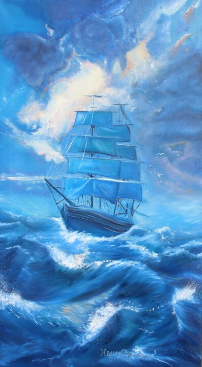 Painting titled "Ship in the Ocean" by Nadzeya Dzemianchuk, Original Artwork, Oil Mounted on Wood Stretcher frame