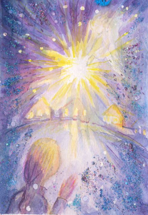 An angel carries a Star Tekening, 4,7x3,5 in