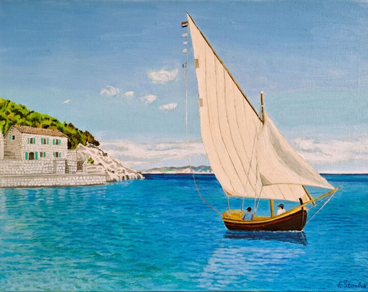 Schilderij getiteld "Lastovo" door Elizabeta Štambuk, Origineel Kunstwerk, Olie Gemonteerd op Frame voor houten brancard