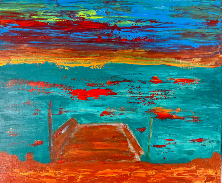 Sunset Serenity by the Pond: A Vibrant Evening Landscape 绘画, 19.7x23.6 in