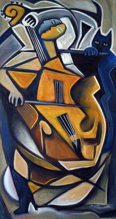 Une Chat Bleu Joue de la Flûte 绘画, 32x17 in