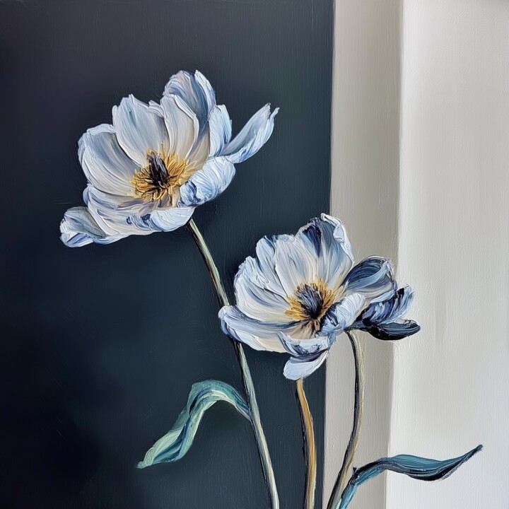 Elegant White Floral Oil Painting Print 绘画, 7.9x7.9 in