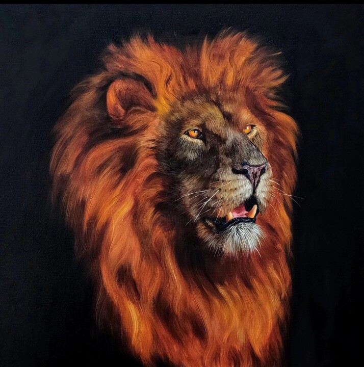Fire-maned lion, painting with a lion 绘画, 19.7x19.7 in