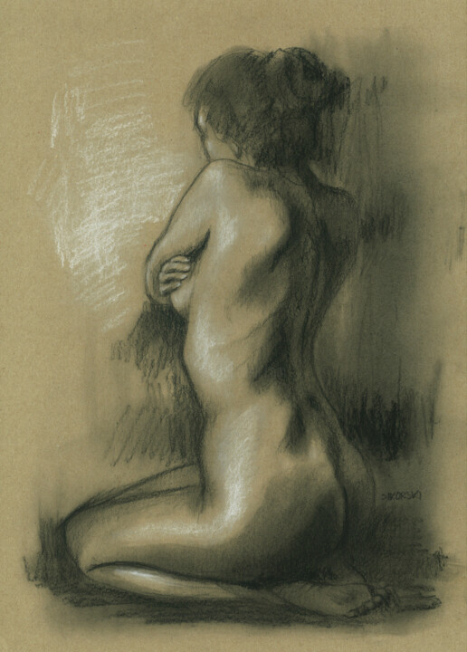 Dibujo titulada "Naked girl from side" por Jarek Sikorski, Obra de arte original, Carbón