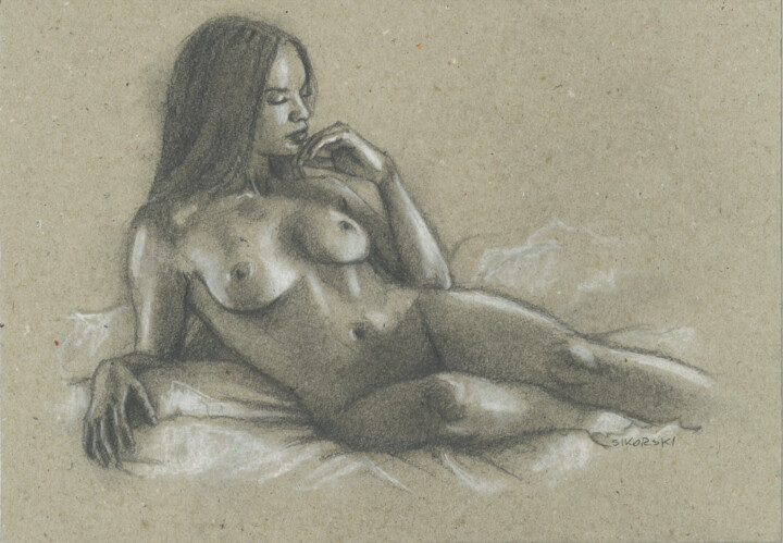 Dibujo titulada "Naked girl lying on…" por Jarek Sikorski, Obra de arte original, Lápiz