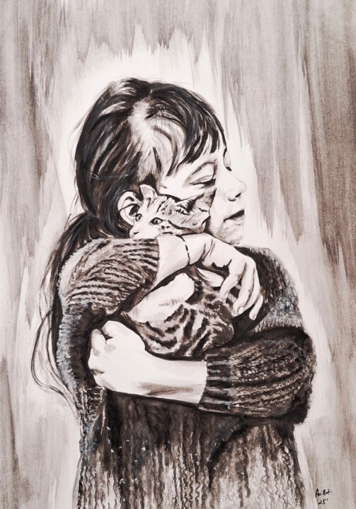 The girl and th cat 绘画, 16.6x11.5 in