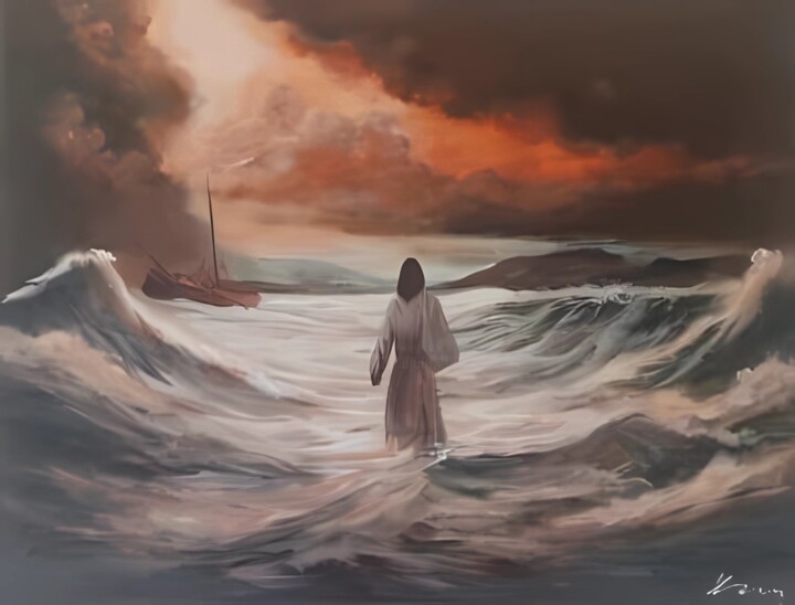 Jesus Christ walking on water acrylic painting on canvas 绘画, 16.1x20.9 in