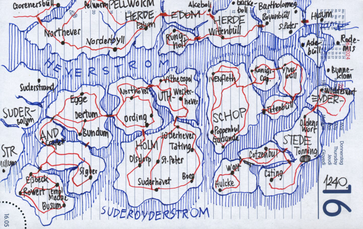 Nordfriesische Inselwelt westlich von Husum, um 1240. Tekening, 5,3x8,3 in