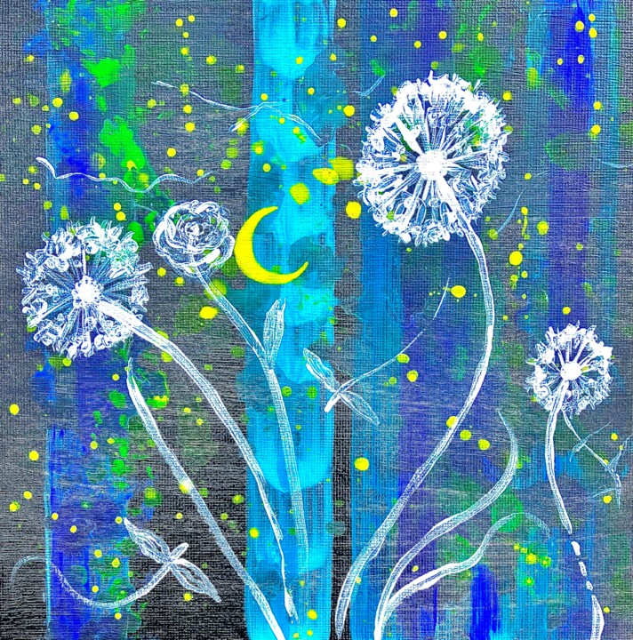 Painting titled "Blue Moonlight Dand…" by Blooming Paint, Original Artwork, Acrylic Mounted on Cardboard
