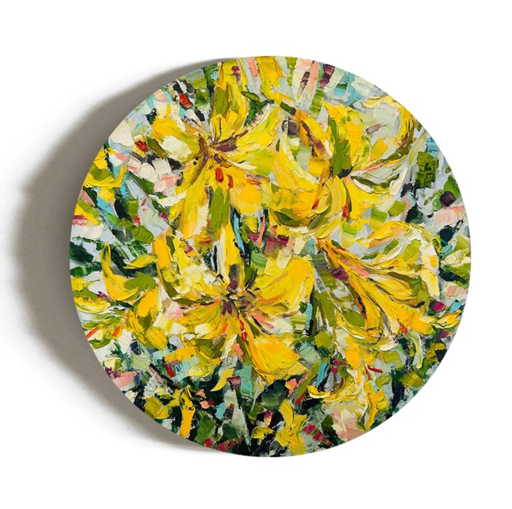 Yellow lilies on round canvas Tablo, 23,6x23,6 in