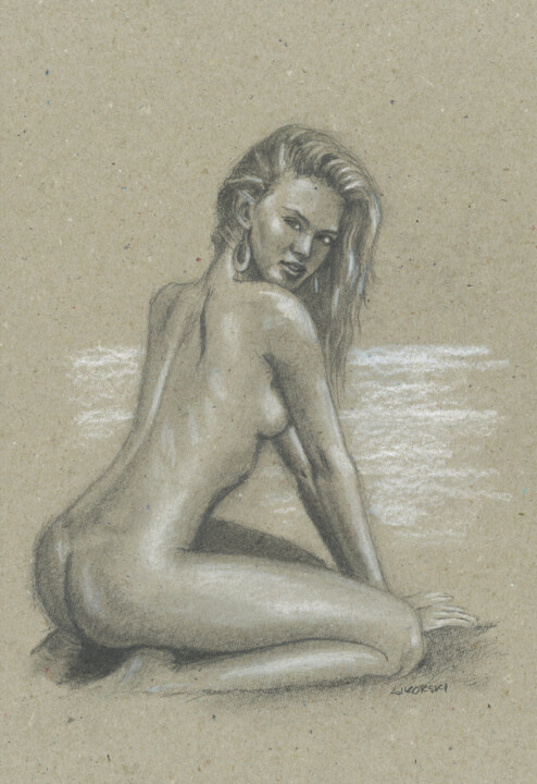 Dibujo titulada "Sitting naked on th…" por Jarek Sikorski, Obra de arte original, Lápiz