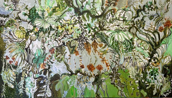 Painting titled "BLOOMS IN GREEN (ME…" by Harnish Surendra Patel, Original Artwork, Acrylic Mounted on Wood Stretcher frame