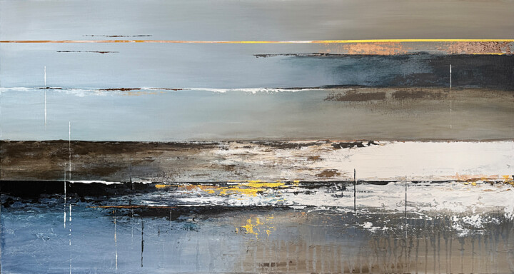 Serene Reflections. Peaceful shoreline at dusk Painting, 19.7x39.4 in