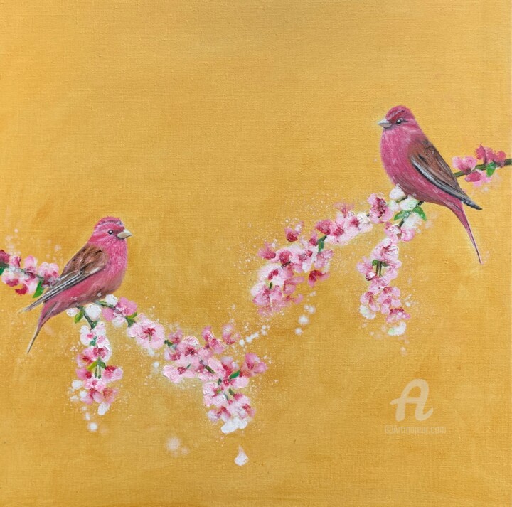 Painting titled "Rose finches and Ch…" by Laure Bury, Original Artwork, Oil Mounted on Wood Stretcher frame