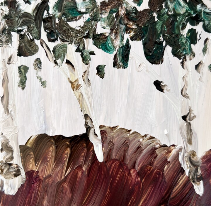 Abstract birch trees Painting, 3.9x3.9 in