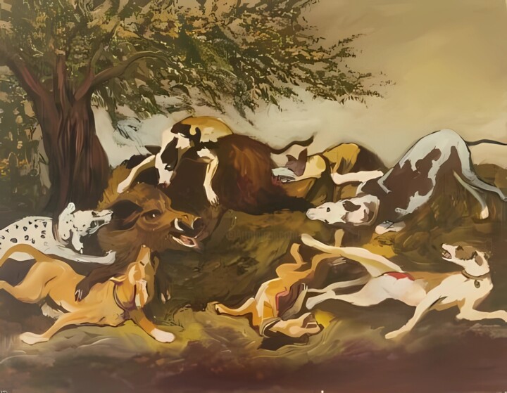 Wild boar and dogs acrylic painting on canvas 绘画, 16.1x20.9 in
