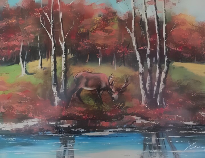Deer acrylic painting on canvas 绘画, 16.1x20.9 in