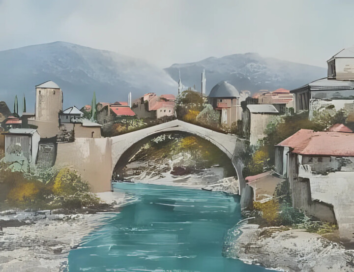 绘画 标题为“Mostar bridge acryl…” 由Filip Petrovic, 原创艺术品, 丙烯 安装在木质担架架上