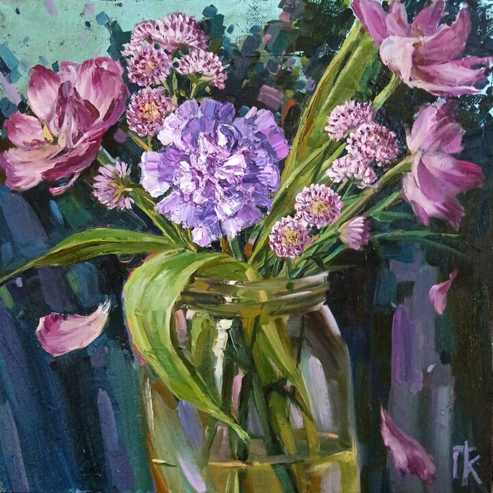 Синяя гвоздика и увядающие тюльпаны 绘画, 11.8x11.8 in